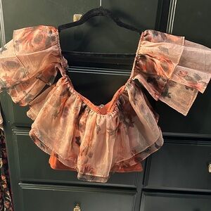 Dolan Sheer Floral Ruffle Blouse in Peach and Black